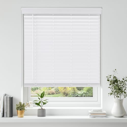 Cordless Faux Wood Blinds - 34" W x 60" H - Indoor Window Shades