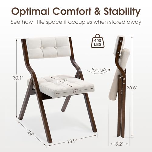 Padded Wooden Folding Chair with Velvet Cushion - 2 Pack, White
