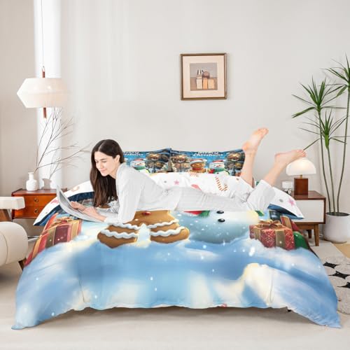 Manfei Gingerbread Man Duvet Cover Set Full Blue Brown, 80x90, 2 Pillowcases - Christmas Snowman Winter Theme