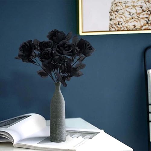 12 PCS Artificial Black Roses - Realistic Silk Flowers for Home & Wedding Decor