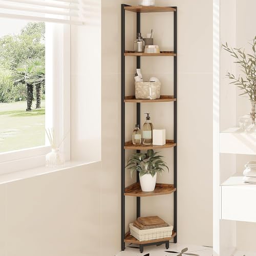 6-Tier Corner Bookshelf, Industrial Metal and Wood Display Stand