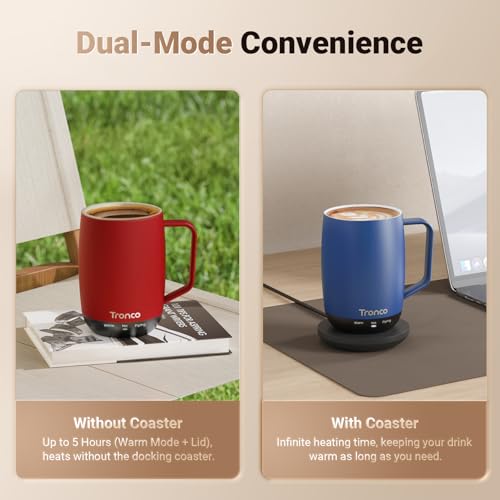Tronco Blue 14oz Self-Heating Coffee Mug with Lid, 3 Temperature Modes, Rechargeable