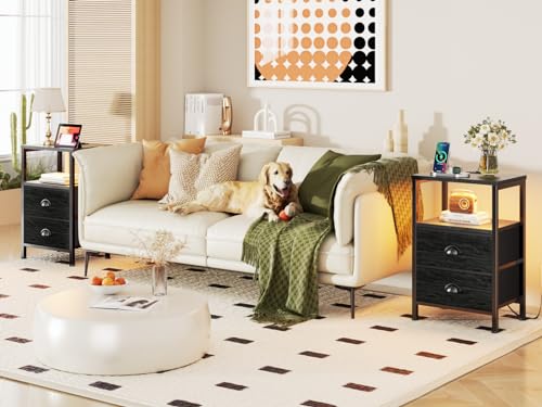 2-Piece Nightstand Set with Charging Station, LED Lights, and Fabric Drawers