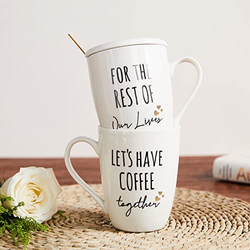 Lets Have Coffee Wedding Gift Set for Couples - 2 Ceramic Mugs, Gift Box, Coasters & Lids