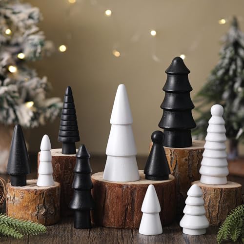 Roowest 10 Pcs Mini Wooden Christmas Trees Black & White Holiday Decor