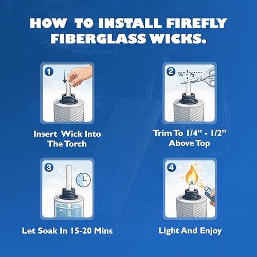 Fiberglass Tiki Torch Wicks Replacement - 6 Pack, 1/2" Diameter, Trim to Fit