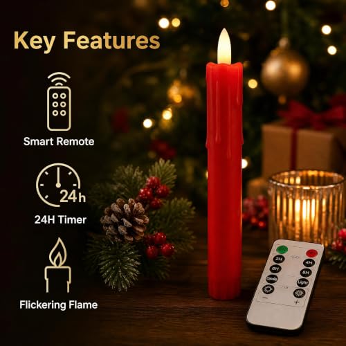 Pierty Red Tall Flameless Flickering LED Taper Candles with Remote Timer - 6.7 Inch Set