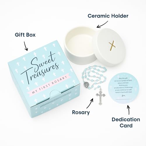 Boys Baptism Gift Set - Blue Rosary with Ceramic Keepsake Box & Card