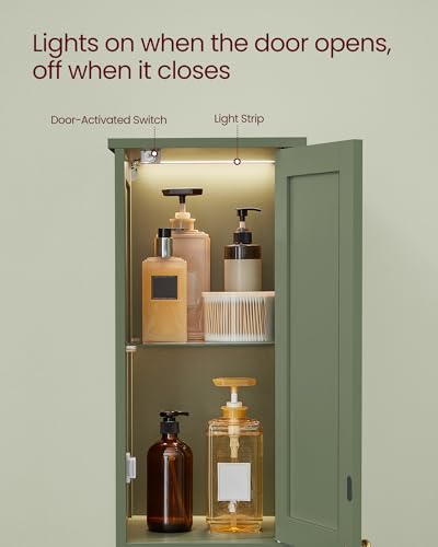 Slim Tall Storage Cabinet with Lights & Adjustable Shelves, Forest Green