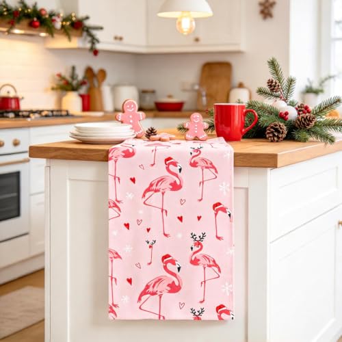 Christmas Flamingo Hand Towels - Soft Holiday Kitchen & Bathroom Decor, 13.6 x 29 Inch