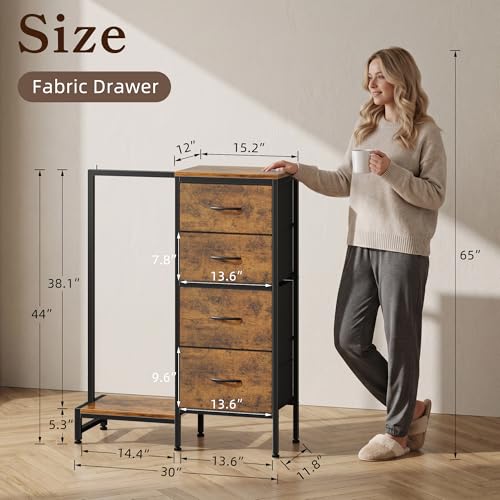 Rustic Brown 44'' Tall Dresser with Hanging Clothes Rack & 4 Drawers - Reversible, Sturdy Storage Tower
