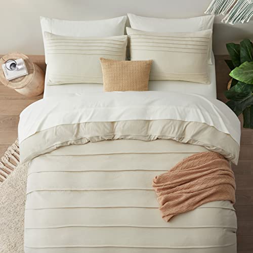 3-Piece Pleated Duvet Cover Set King - Soft Beige Microfiber Bedding