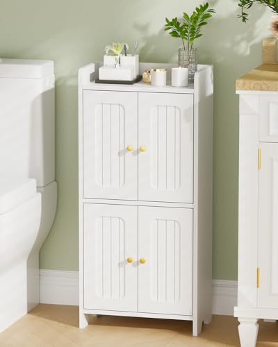 Slim Bathroom Floor Cabinet with Adjustable Shelves, White Storage Organizer