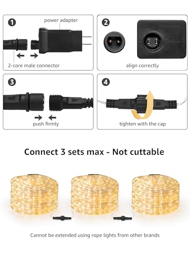 33ft LED Rope Lights, Waterproof Outdoor Warm White String Lights, 24V