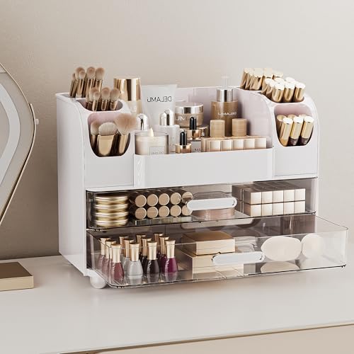 Delamu White Large Makeup Organizer Countertop with 6 Brush Holders