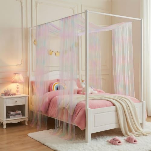 Rainbow Tie-Dye Bed Canopy for Kids with Lights, Sheer Tulle Curtains
