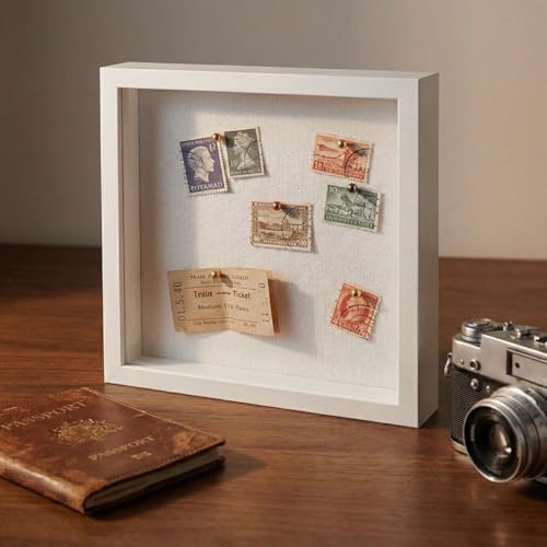 8x8 White Shadow Box Frame with Linen Backing and Push Pins