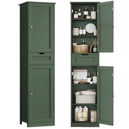 Tall Narrow Bathroom Storage Cabinet with 2 Doors and 1 Drawer, Forest Green