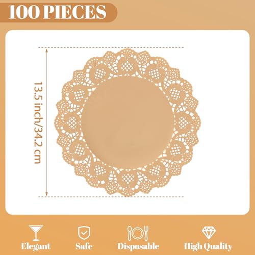 13.5 Inch Round Kraft Paper Doilies - 100 Pack Rustic Lace Placemats