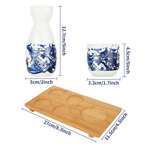 ABuff Japanese Sake Set with Ceramic Tokkuri & Ochoko Cups, Wooden Tray