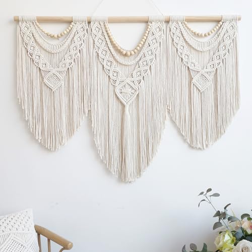 Large Macrame Wall Hanging Woven Boho Tapestry Decor with Wood Beads - 43" x 32"