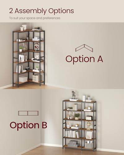 6-Tier Industrial Corner Bookshelf, Convertible Storage Organizer, Rustic