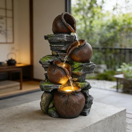 4-Tiered Tabletop Water Fountain with LED Lights, 17.9-Inch Resin Waterfall