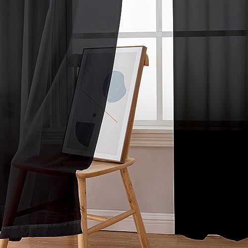 Black Sheer Curtains 84 Inches Long - Light Filtering Rod Pocket Panels (Set of 2)
