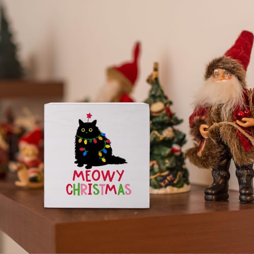 Meowy Christmas Cat Sign - Wheatwin Wooden Box Decor, 5x5 inches, Merry Christmas