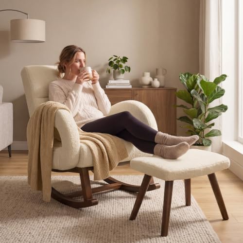 COMHOMA Beige Boucle Nursery Rocking Chair with Ottoman & Lumbar Pillow