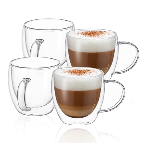 CNGLASS 8.5oz Set of 4 Double Wall Insulated Glass Coffee Mugs with Handle