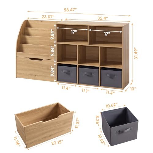 Kids Bookshelf and Toy Storage Organizer with Drawer and Bins