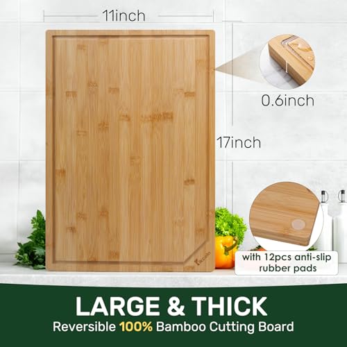 Extra Large Bamboo Cutting Board with Deep Juice Groove - 17x11" Reversible