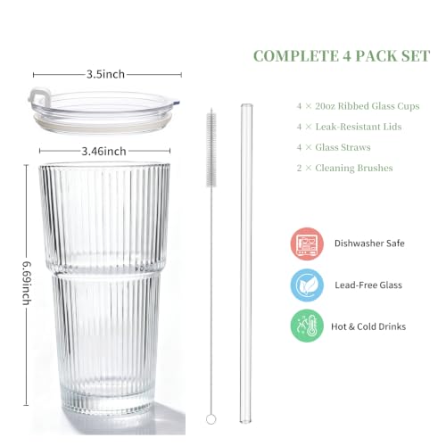 20oz Ribbed Glass Cups with Lids and Straws, 4-Pack Iced Coffee Tumblers