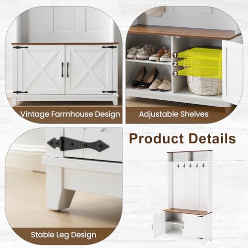 38-Inch Farmhouse Hall Tree with Bench, Shoe Storage, and Coat Rack