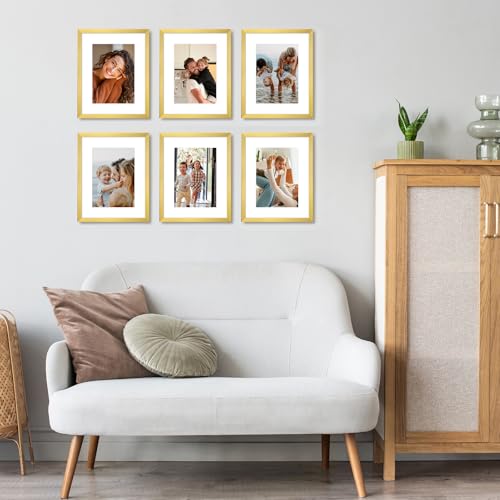 8x10 Gold Picture Frame Set of 6 - Thin Border Wall & Tabletop Display