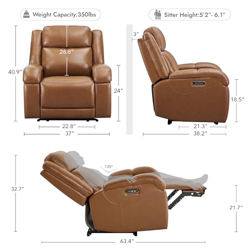 Genuine Leather Power Wall Hugger Recliner with Power Headrest & USB Ports