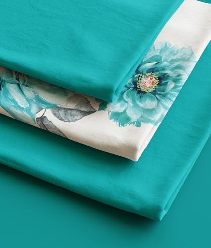 Teal Floral Curtain Set with Grommets - 6 Pcs (2 Print + 4 Solid, 38"x84")