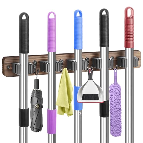 Rustic Wood Broom and Mop Holder Wall Mount with 5 Racks and 4 Hooks
