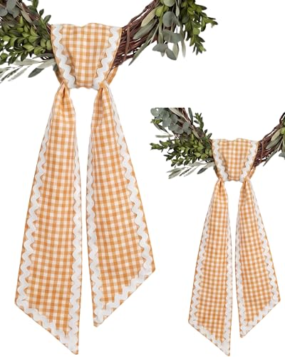 Orange Gingham Wreath Sash Set of 2 with Scalloped Ric Rac Trim, 4.5 x 56"