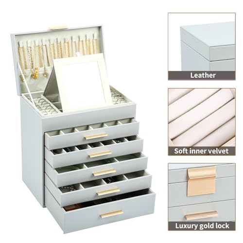 BOOVO 6-Layer Jewelry Box for Women - Grey & Gold, Large Organizer with 6 Layers for Necklaces, Bracelets, Earrings & Rings