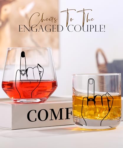 Engagement Gift Stemless Wine and Whiskey Glass Set for Couples