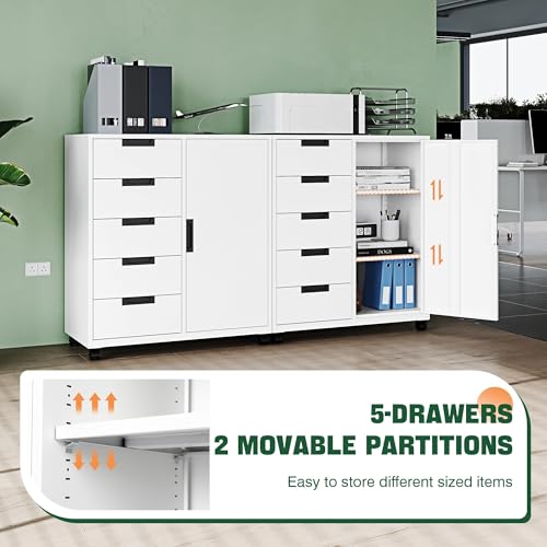 5-Drawer Metal Storage Cabinet with Shelves and Mobile Printer Stand