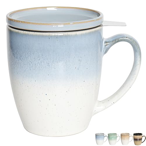 Bosmarlin Blue Ceramic Tea Mug with Infuser & Lid 16 Oz Gradient Glaze