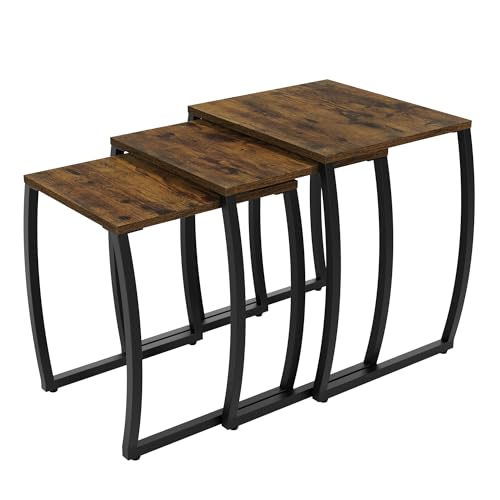 3-Piece Nesting End Table Set, Rustic Wood and Metal Stacking Tables