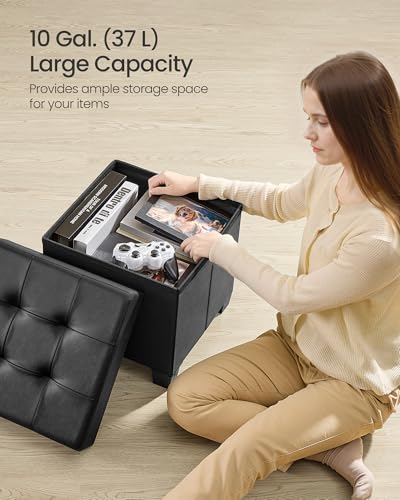 Square Storage Ottoman with Legs, Foldable Faux Leather Footrest, 15-Inch