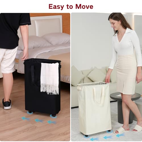 Slim Laundry Hamper with Wheels, 60L Rolling Laundry Basket for Small Spaces
