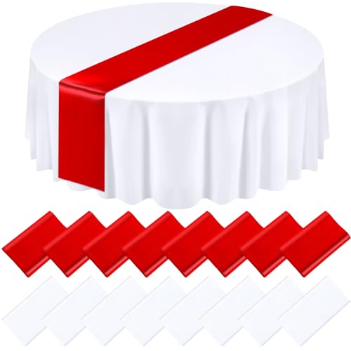 Tudomro 16 Pcs White & Red Round Tablecloth and Satin Runner Set - 84in Tablecloths & 108x12in Runners