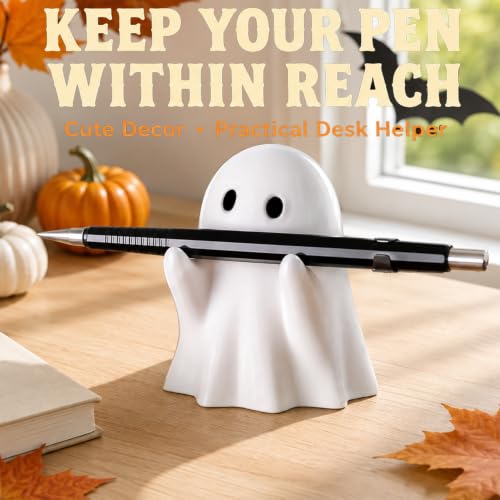 OFDNE Halloween Ghost Pen Holder Figurine – Resin Cute Decor for Spooky Home & Office