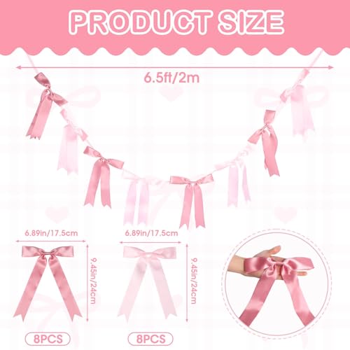 Pink Satin Bow Garlands - 2 Pack, 16pcs, 6.5ft Pre-Strung Party Decorations
